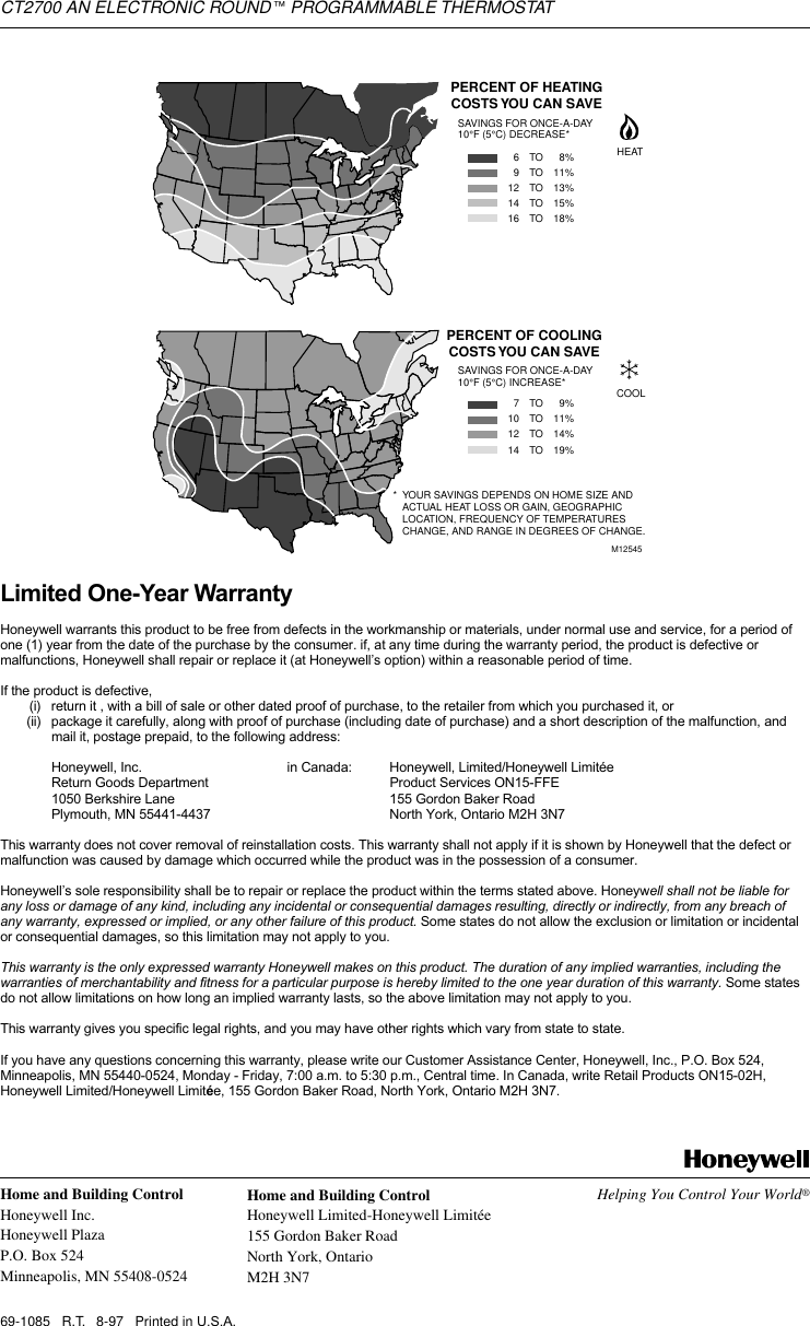 Page 8 of 8 - Honeywell Honeywell-Ct2700-Users-Manual- 69-1085 - CT2700 An Electronic Roundª Programmable Thermostat  Honeywell-ct2700-users-manual