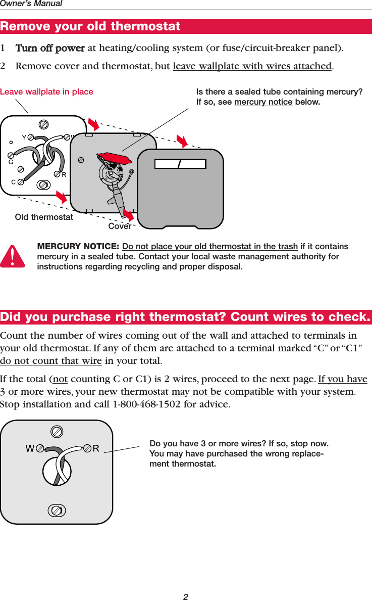 Page 2 of 11 - Honeywell Honeywell-Ct30-Owners-Manual- 69-1808ES - CT30/CT33 Low Voltage Thermostat Owner's Manual  Honeywell-ct30-owners-manual