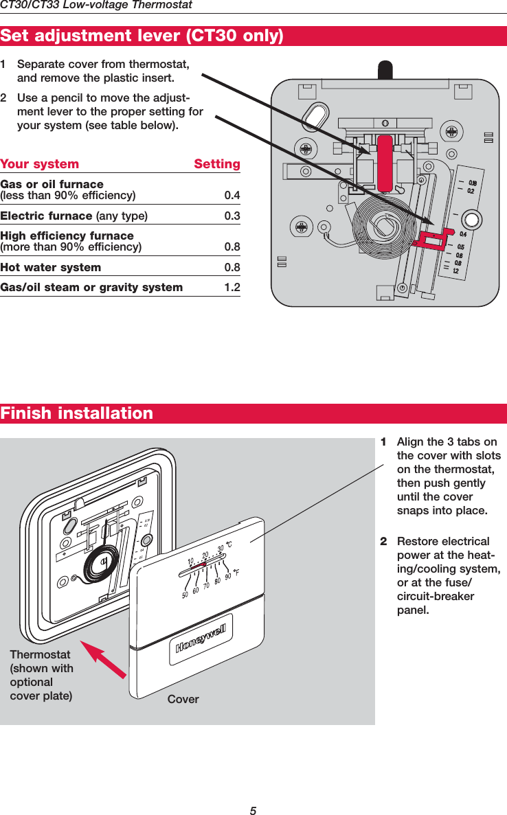 Page 5 of 11 - Honeywell Honeywell-Ct30-Owners-Manual- 69-1808ES - CT30/CT33 Low Voltage Thermostat Owner's Manual  Honeywell-ct30-owners-manual