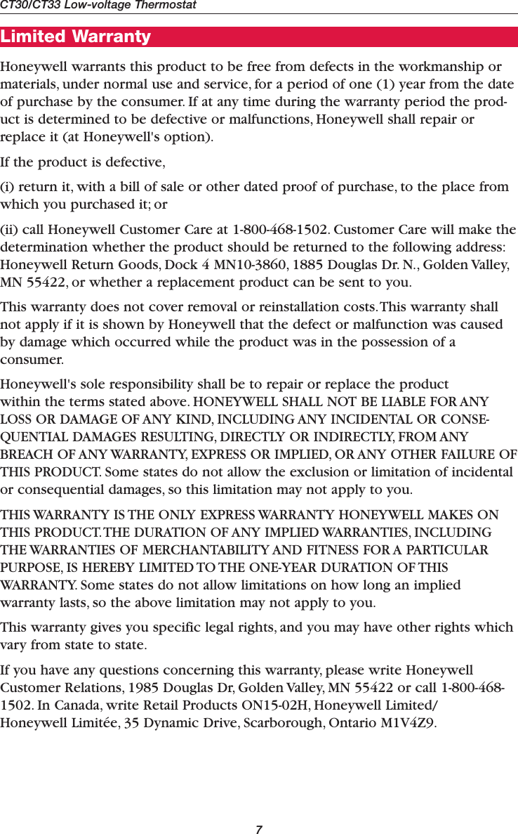 Page 7 of 11 - Honeywell Honeywell-Ct30-Owners-Manual- 69-1808ES - CT30/CT33 Low Voltage Thermostat Owner's Manual  Honeywell-ct30-owners-manual