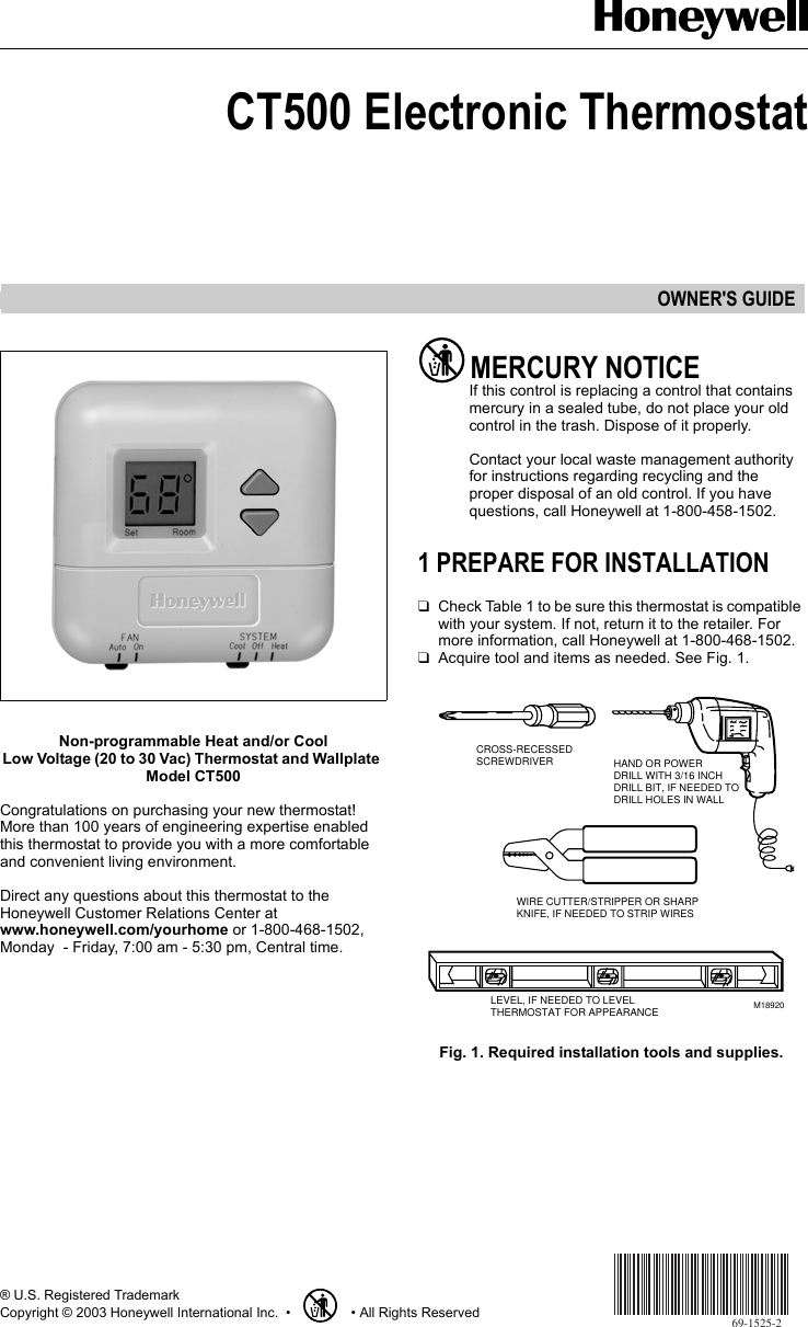 Page 1 of 8 - Honeywell Honeywell-Ct500-Owners-Manual- 69-1525, CT500 Electronic Thermostat  Honeywell-ct500-owners-manual