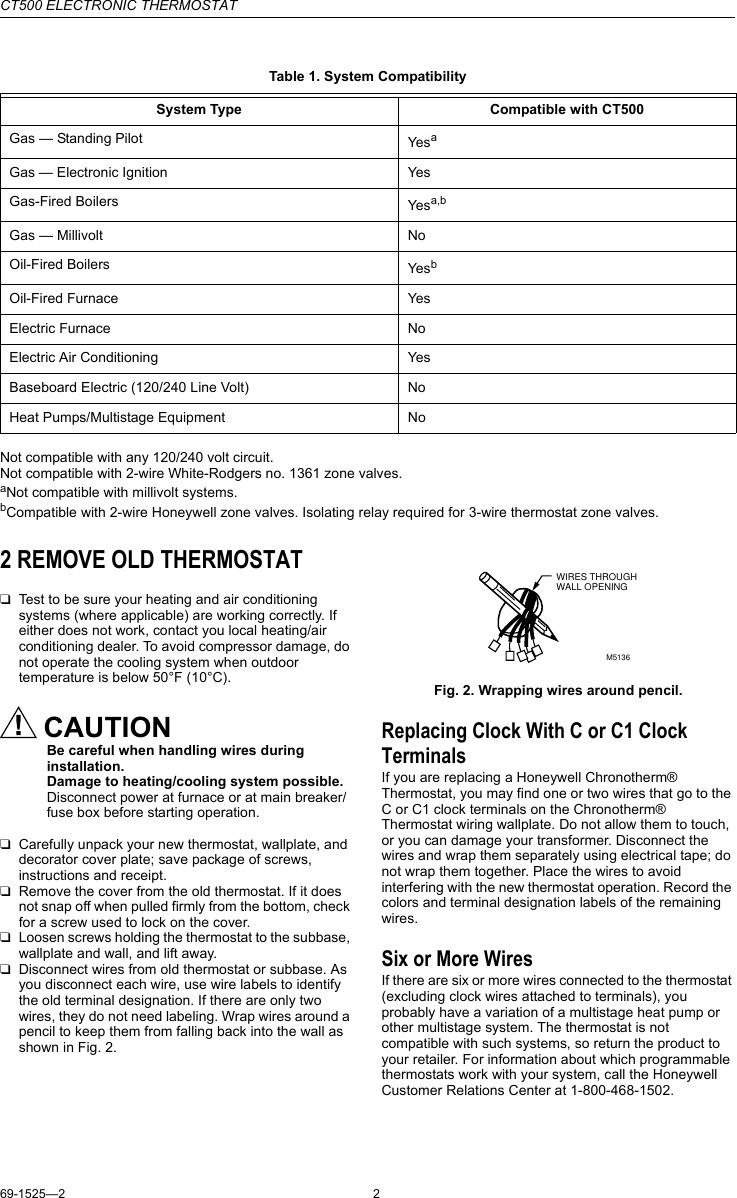 Page 2 of 8 - Honeywell Honeywell-Ct500-Owners-Manual- 69-1525, CT500 Electronic Thermostat  Honeywell-ct500-owners-manual