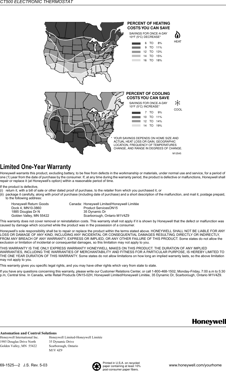 Page 8 of 8 - Honeywell Honeywell-Ct500-Owners-Manual- 69-1525, CT500 Electronic Thermostat  Honeywell-ct500-owners-manual