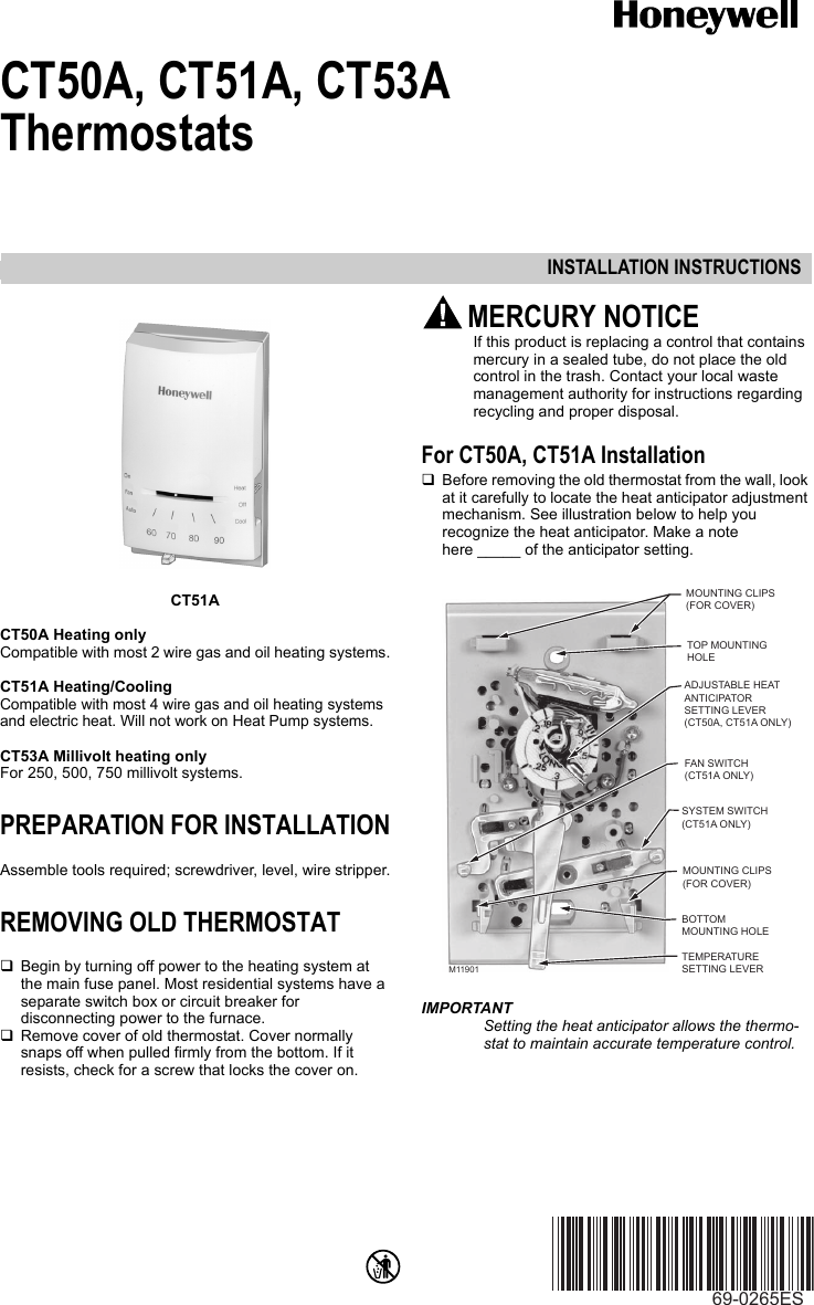 Page 1 of 8 - Honeywell Honeywell-Ct50A-Installation-Instructions- 69-0265ES CT50A, CT51A, CT53A Thermostats English Spanish  Honeywell-ct50a-installation-instructions