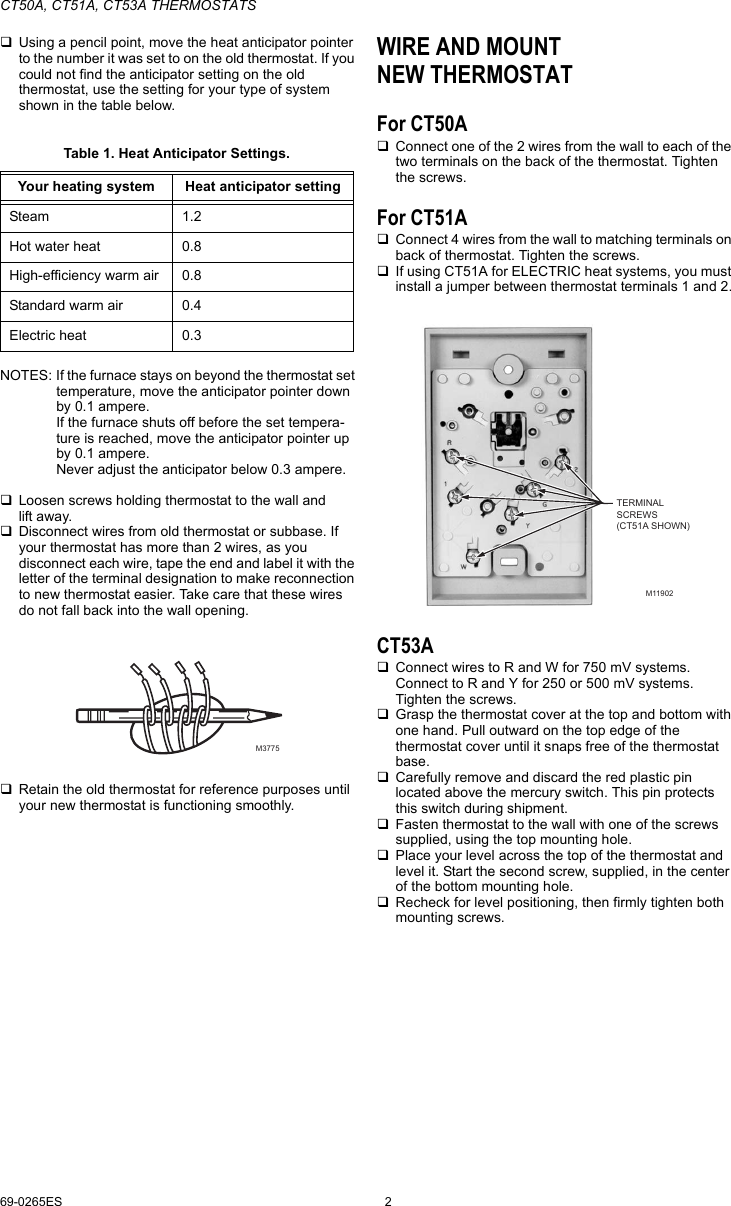Page 2 of 8 - Honeywell Honeywell-Ct50A-Installation-Instructions- 69-0265ES CT50A, CT51A, CT53A Thermostats English Spanish  Honeywell-ct50a-installation-instructions