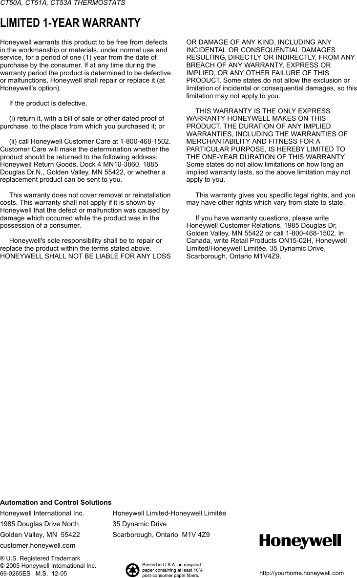 Page 4 of 8 - Honeywell Honeywell-Ct50A-Installation-Instructions- 69-0265ES CT50A, CT51A, CT53A Thermostats English Spanish  Honeywell-ct50a-installation-instructions