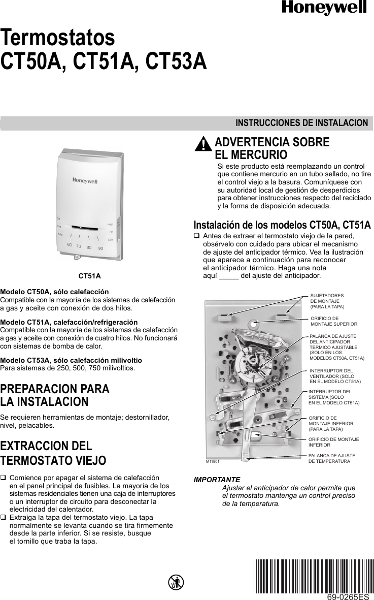 Page 5 of 8 - Honeywell Honeywell-Ct50A-Installation-Instructions- 69-0265ES CT50A, CT51A, CT53A Thermostats English Spanish  Honeywell-ct50a-installation-instructions