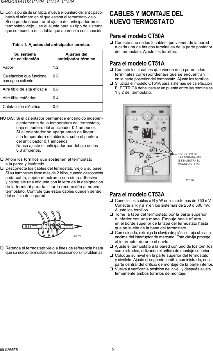 Page 6 of 8 - Honeywell Honeywell-Ct50A-Installation-Instructions- 69-0265ES CT50A, CT51A, CT53A Thermostats English Spanish  Honeywell-ct50a-installation-instructions