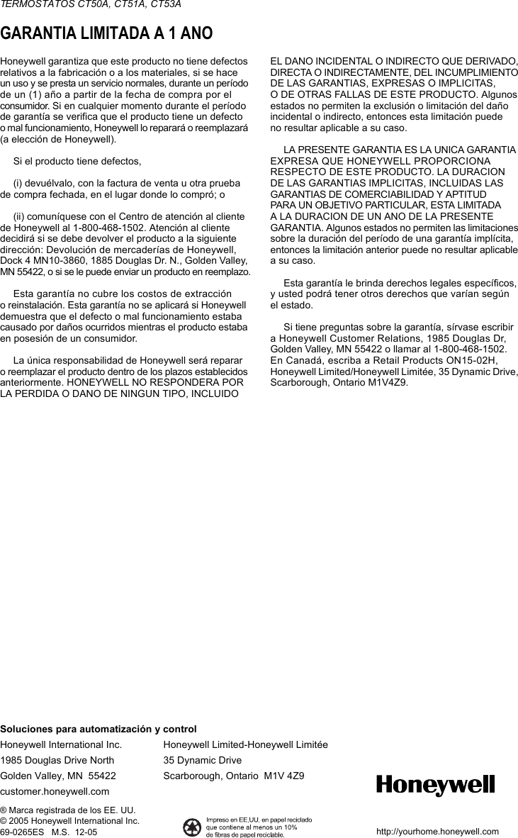 Page 8 of 8 - Honeywell Honeywell-Ct50A-Installation-Instructions- 69-0265ES CT50A, CT51A, CT53A Thermostats English Spanish  Honeywell-ct50a-installation-instructions