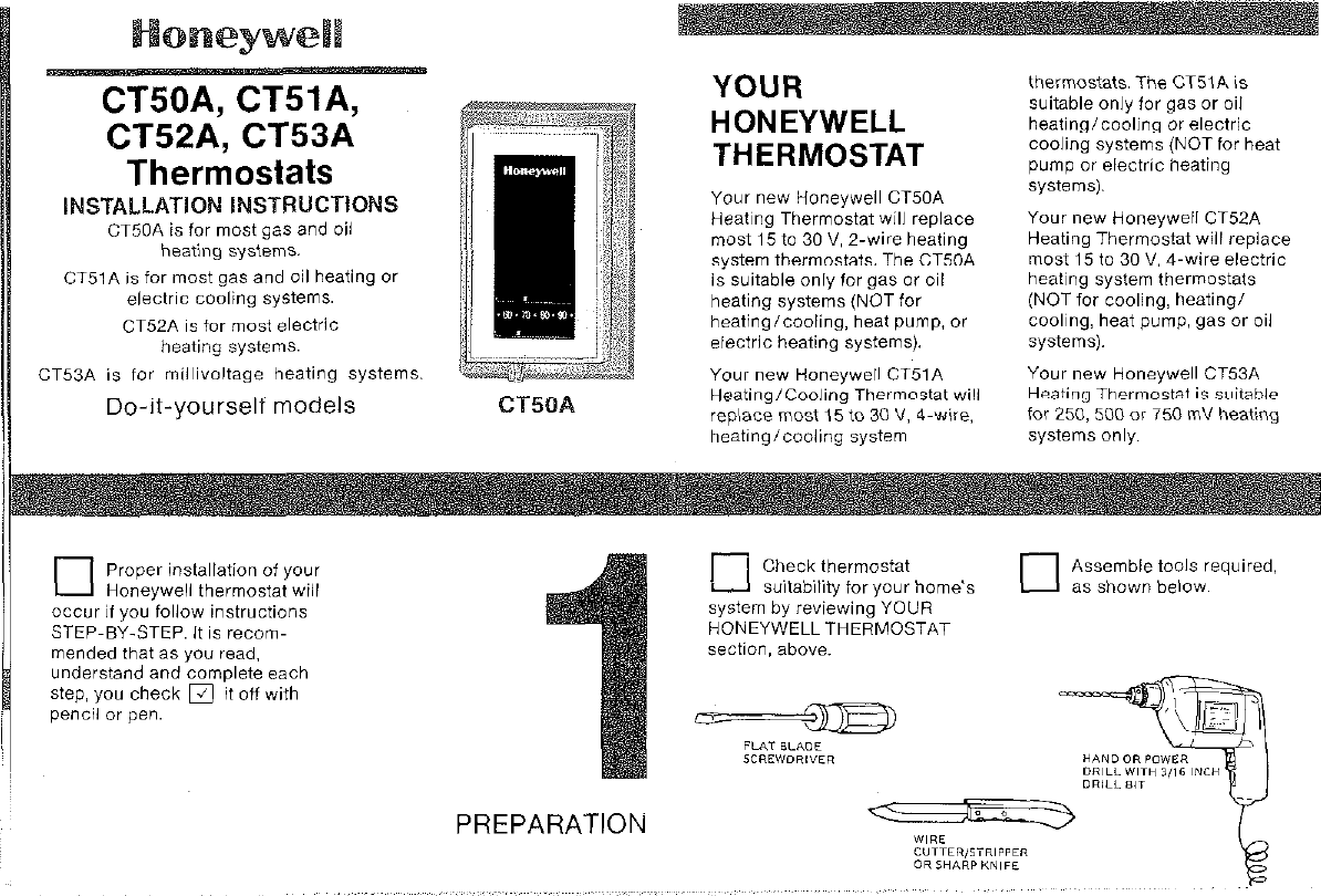 Honeywell Ct50A Users Manual CT50A, CT51A, CT52A, CT53A Thermostats