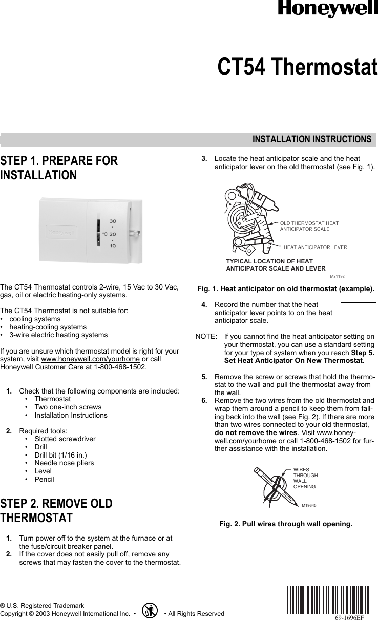 Page 1 of 8 - Honeywell Honeywell-Ct54-Owner-S-Manual 69-1696