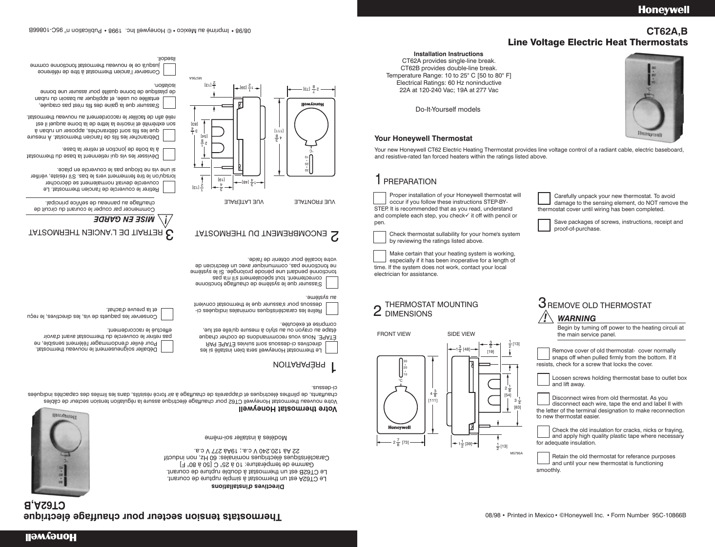 Page 1 of 4 - Honeywell Honeywell-Ct62A-B-Owner-S-Manual 95c-10866B  CT62A,B Line Voltage Electric Heat Thermostats