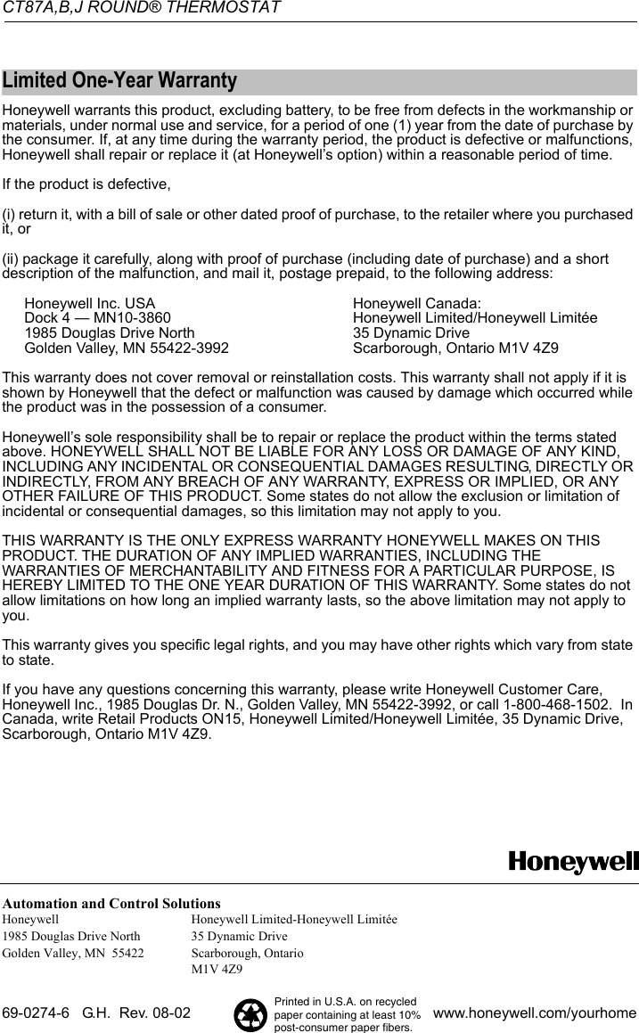 Page 12 of 12 - Honeywell Honeywell-Ct87A-Users-Manual- 69-0274 - CT87A,B,J Round Thermostat  Honeywell-ct87a-users-manual