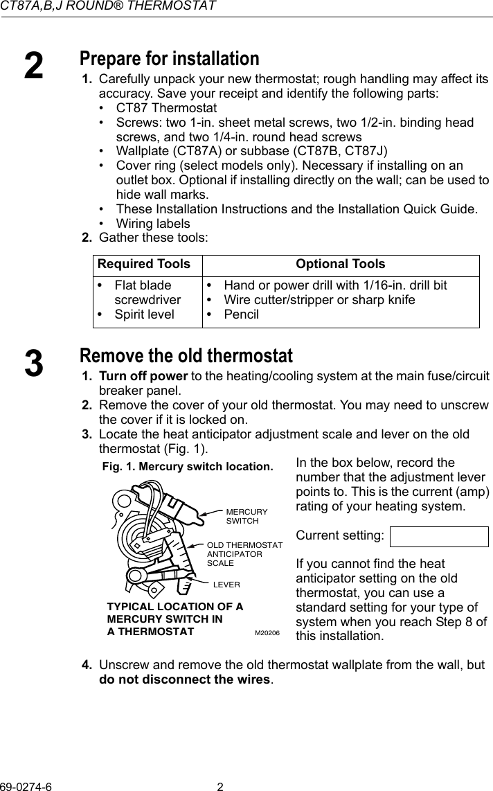 Honeywell Ct87A Users Manual 69 0274 CT87A,B,J Round Thermostat