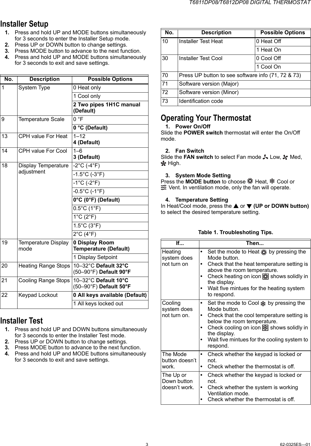 Page 3 of 8 - Honeywell Honeywell-Digital-T6811Dp08-Users-Manual- 62-0325ES—01 - T6811DP08/T6812DP08 Digital Thermostat  Honeywell-digital-t6811dp08-users-manual