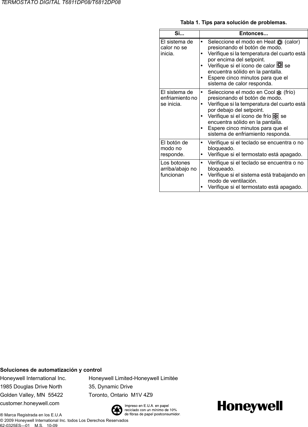 Page 8 of 8 - Honeywell Honeywell-Digital-T6811Dp08-Users-Manual- 62-0325ES—01 - T6811DP08/T6812DP08 Digital Thermostat  Honeywell-digital-t6811dp08-users-manual