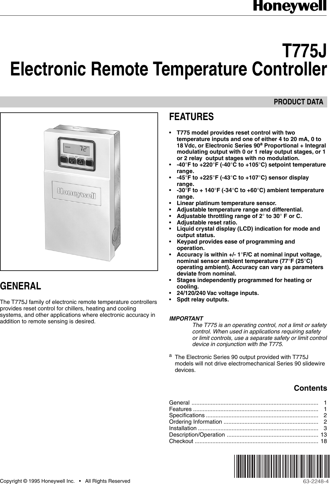 Honeywell Electronic Remote Temperature Controller T775J Users Manual
