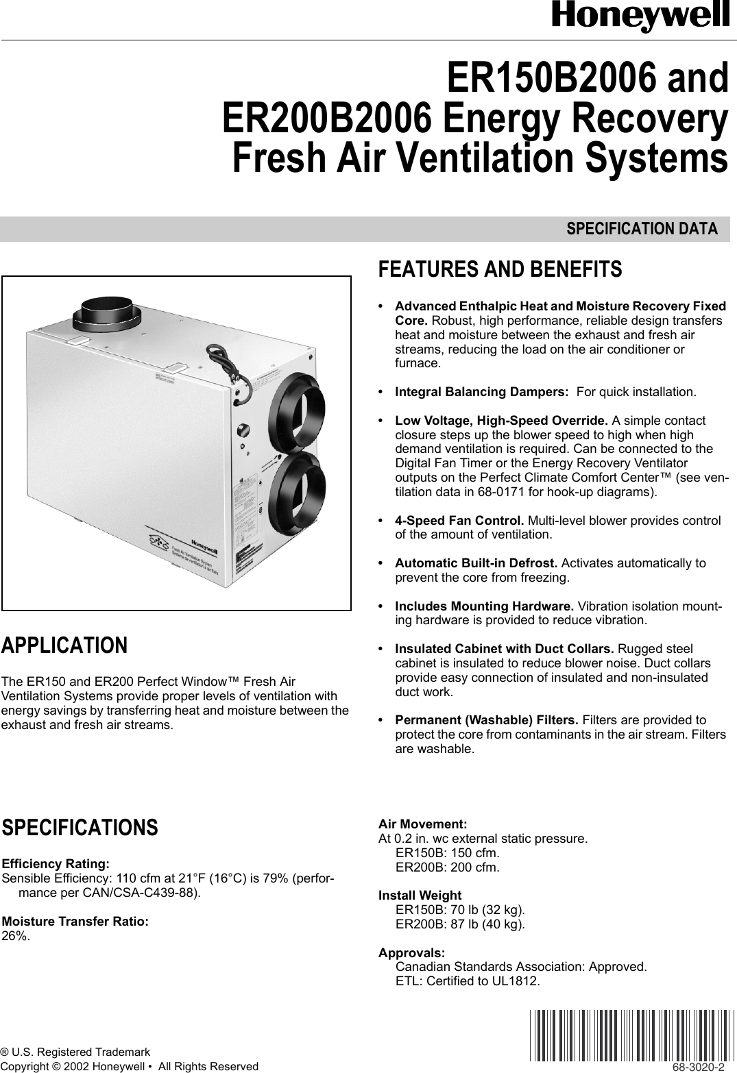 Page 1 of 2 - Honeywell Honeywell-Er150B2006-Users-Manual- 68-3020 - ER150B2006 And ER200B2006 Energy Recovery Fresh Air Ventilation Systems  Honeywell-er150b2006-users-manual