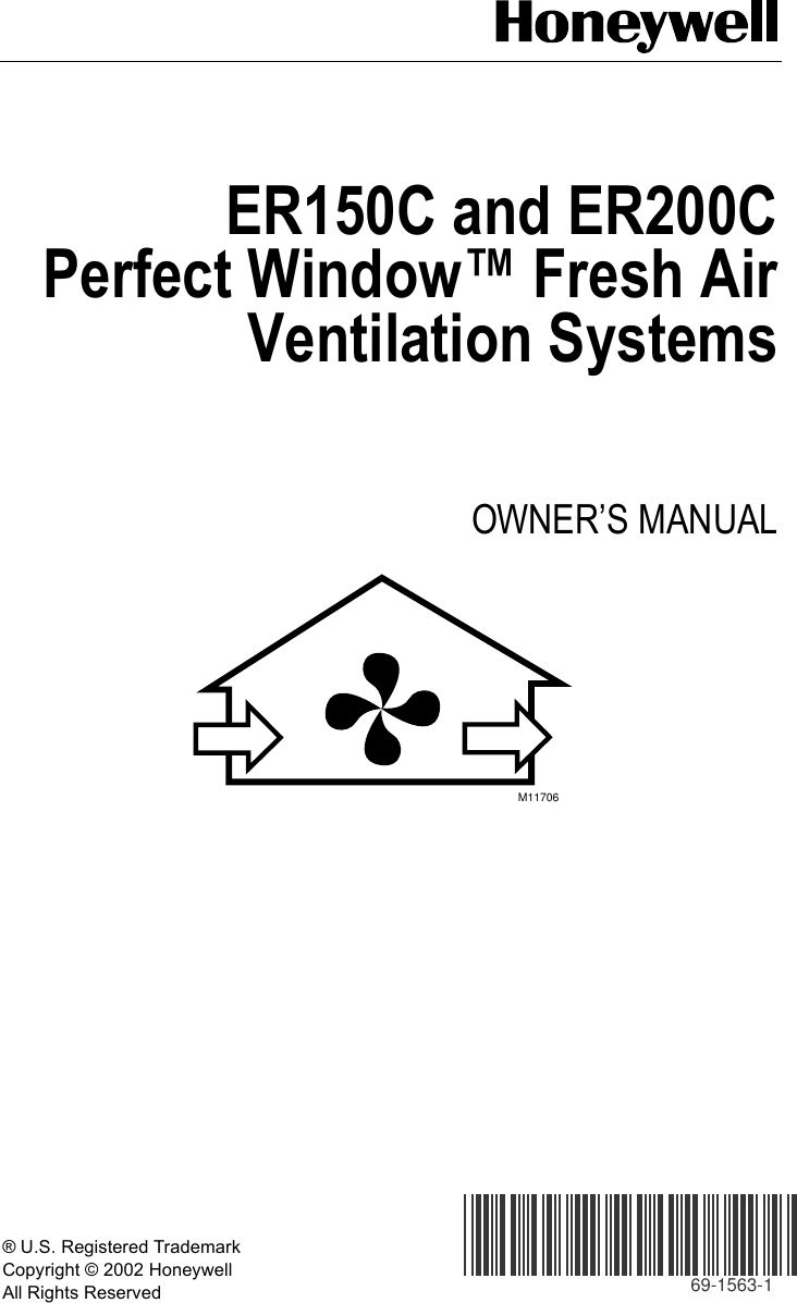 Page 1 of 12 - Honeywell Honeywell-Er150C-Operators-Manual- 69-1563 - ER150C And ER200C Perfect Window Freah Air Ventilation Systems  Honeywell-er150c-operators-manual