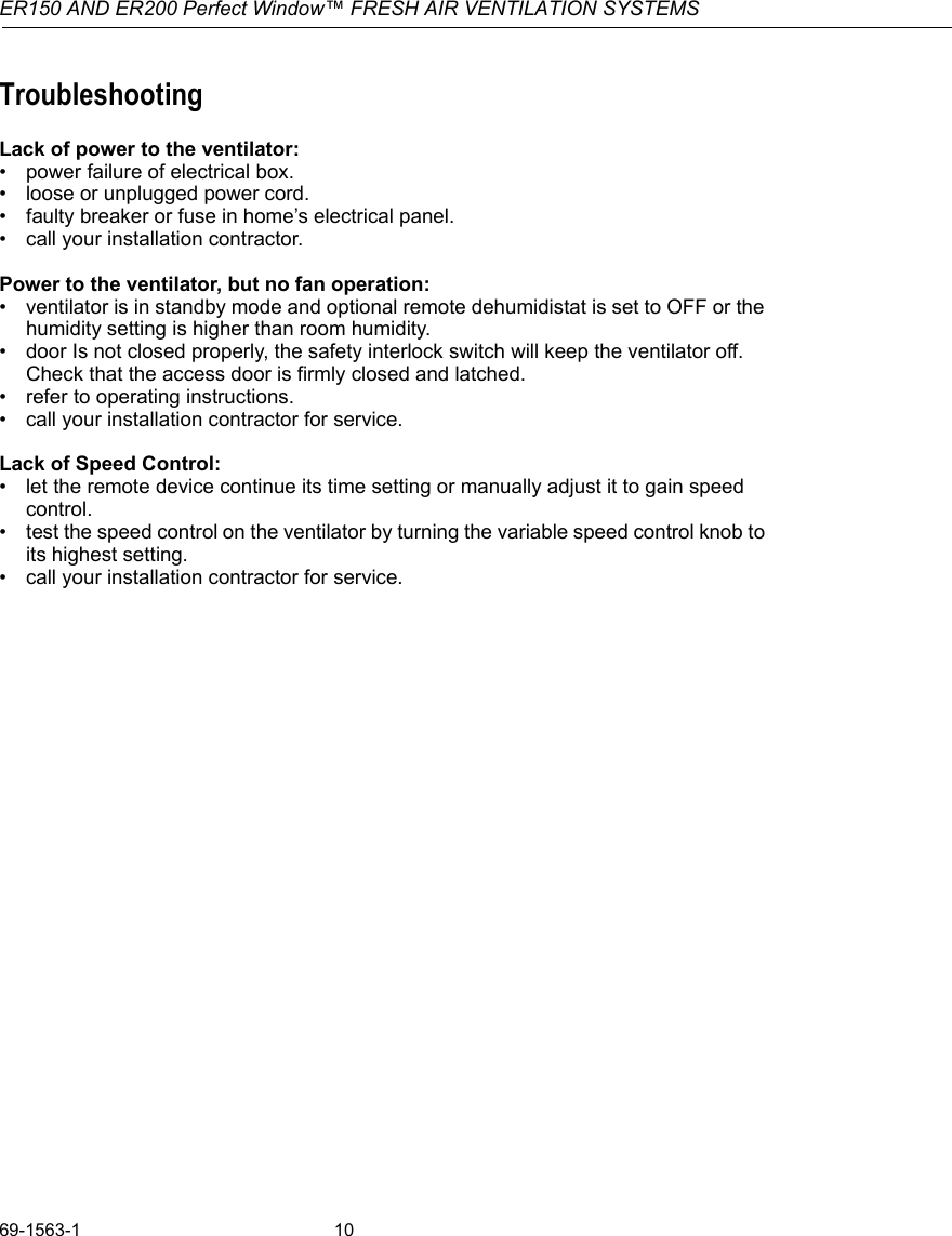 Page 10 of 12 - Honeywell Honeywell-Er150C-Operators-Manual- 69-1563 - ER150C And ER200C Perfect Window Freah Air Ventilation Systems  Honeywell-er150c-operators-manual