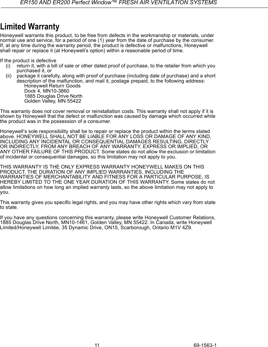 Page 11 of 12 - Honeywell Honeywell-Er150C-Operators-Manual- 69-1563 - ER150C And ER200C Perfect Window Freah Air Ventilation Systems  Honeywell-er150c-operators-manual