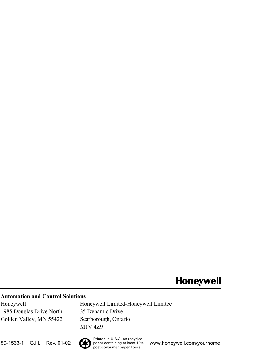 Page 12 of 12 - Honeywell Honeywell-Er150C-Operators-Manual- 69-1563 - ER150C And ER200C Perfect Window Freah Air Ventilation Systems  Honeywell-er150c-operators-manual