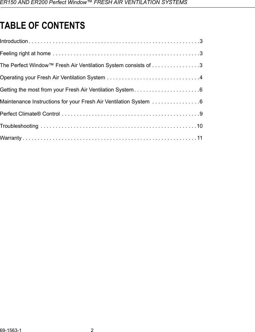 Page 2 of 12 - Honeywell Honeywell-Er150C-Operators-Manual- 69-1563 - ER150C And ER200C Perfect Window Freah Air Ventilation Systems  Honeywell-er150c-operators-manual