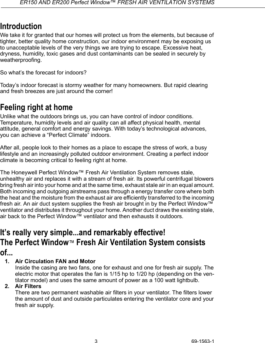 Page 3 of 12 - Honeywell Honeywell-Er150C-Operators-Manual- 69-1563 - ER150C And ER200C Perfect Window Freah Air Ventilation Systems  Honeywell-er150c-operators-manual