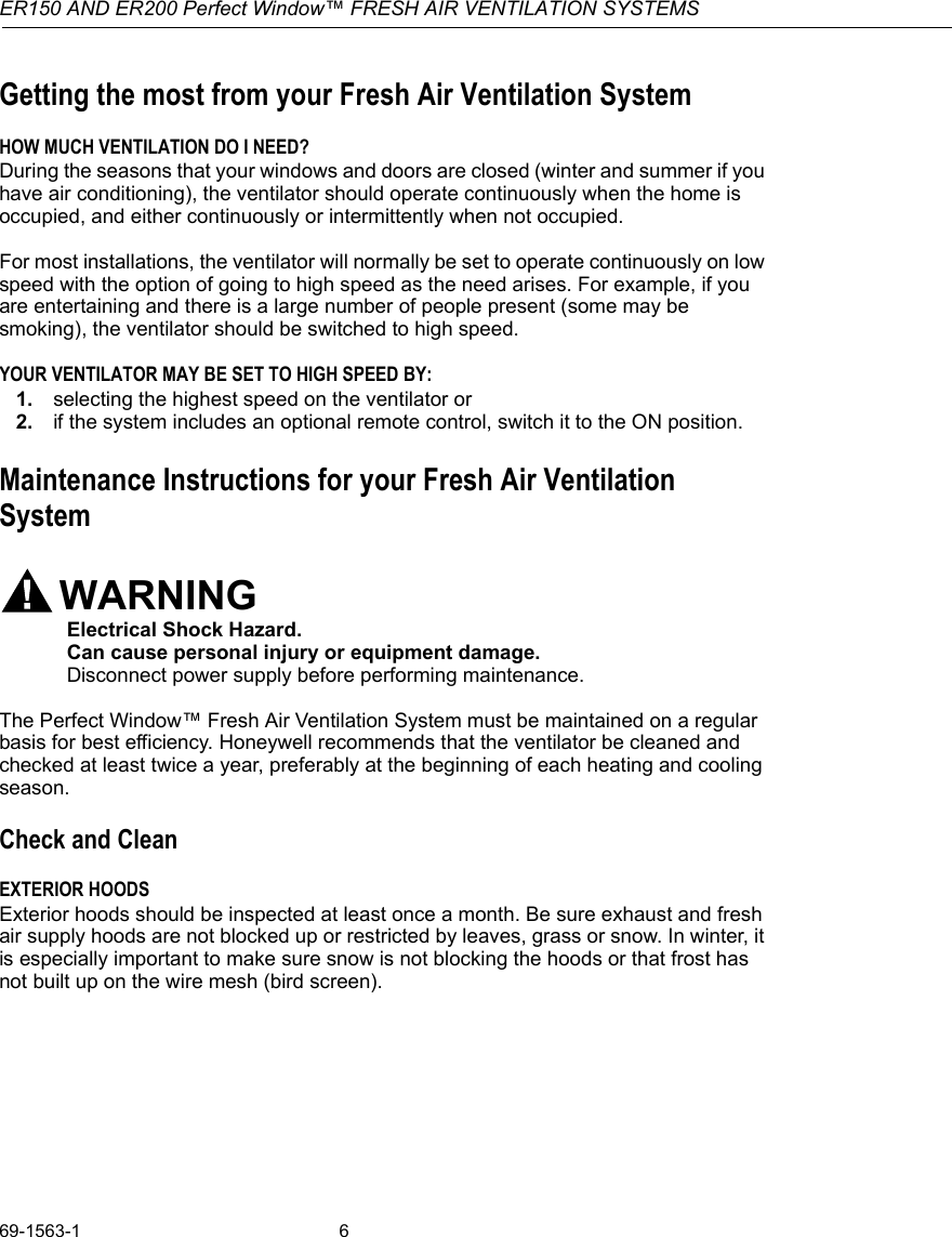 Page 6 of 12 - Honeywell Honeywell-Er150C-Operators-Manual- 69-1563 - ER150C And ER200C Perfect Window Freah Air Ventilation Systems  Honeywell-er150c-operators-manual