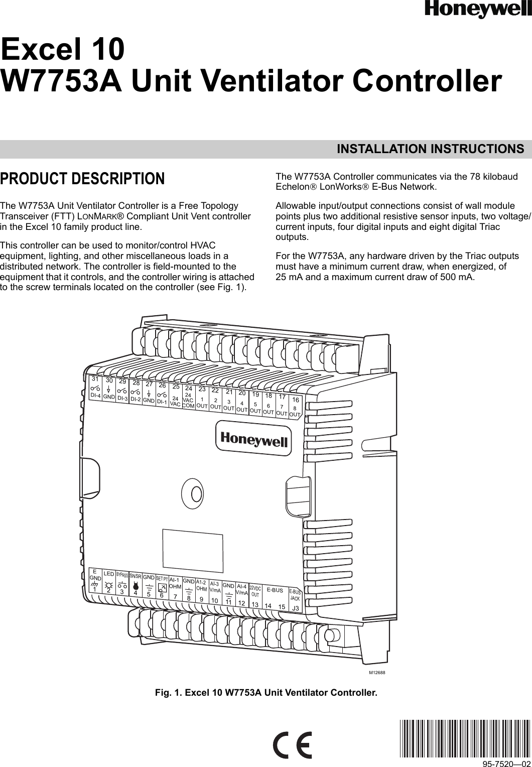 Page 1 of 12 - Honeywell Honeywell-Excel-10-W7753A-Users-Manual- 95-7520_A - Excel 10, W7753A Unit Ventilator Controller  Honeywell-excel-10-w7753a-users-manual
