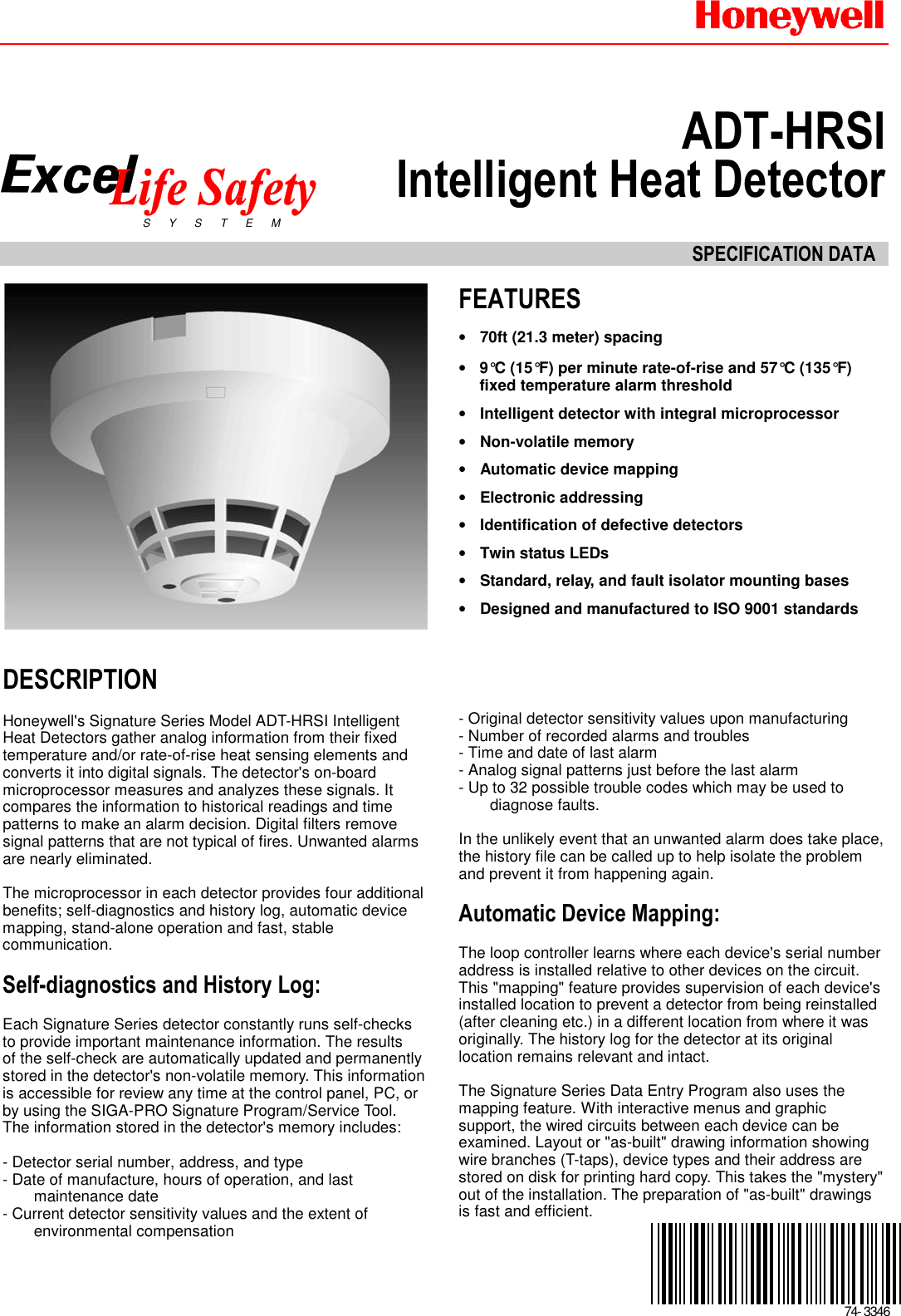 Page 1 of 4 - Honeywell Honeywell-Excel-Adt-Hrsi-Users-Manual- 74-3346 - ADT-HRSI Intelligent Heat Detector  Honeywell-excel-adt-hrsi-users-manual