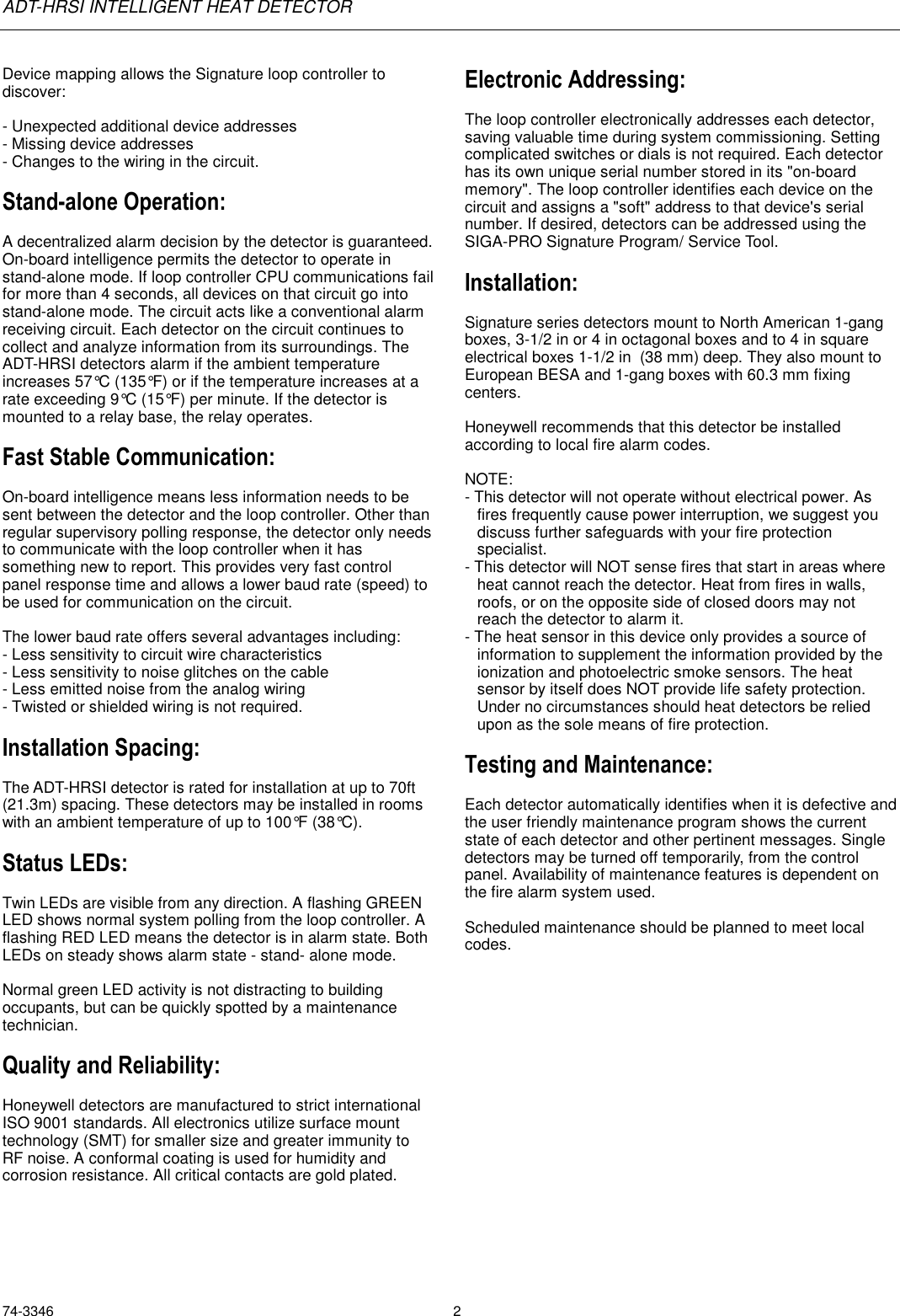 Page 2 of 4 - Honeywell Honeywell-Excel-Adt-Hrsi-Users-Manual- 74-3346 - ADT-HRSI Intelligent Heat Detector  Honeywell-excel-adt-hrsi-users-manual