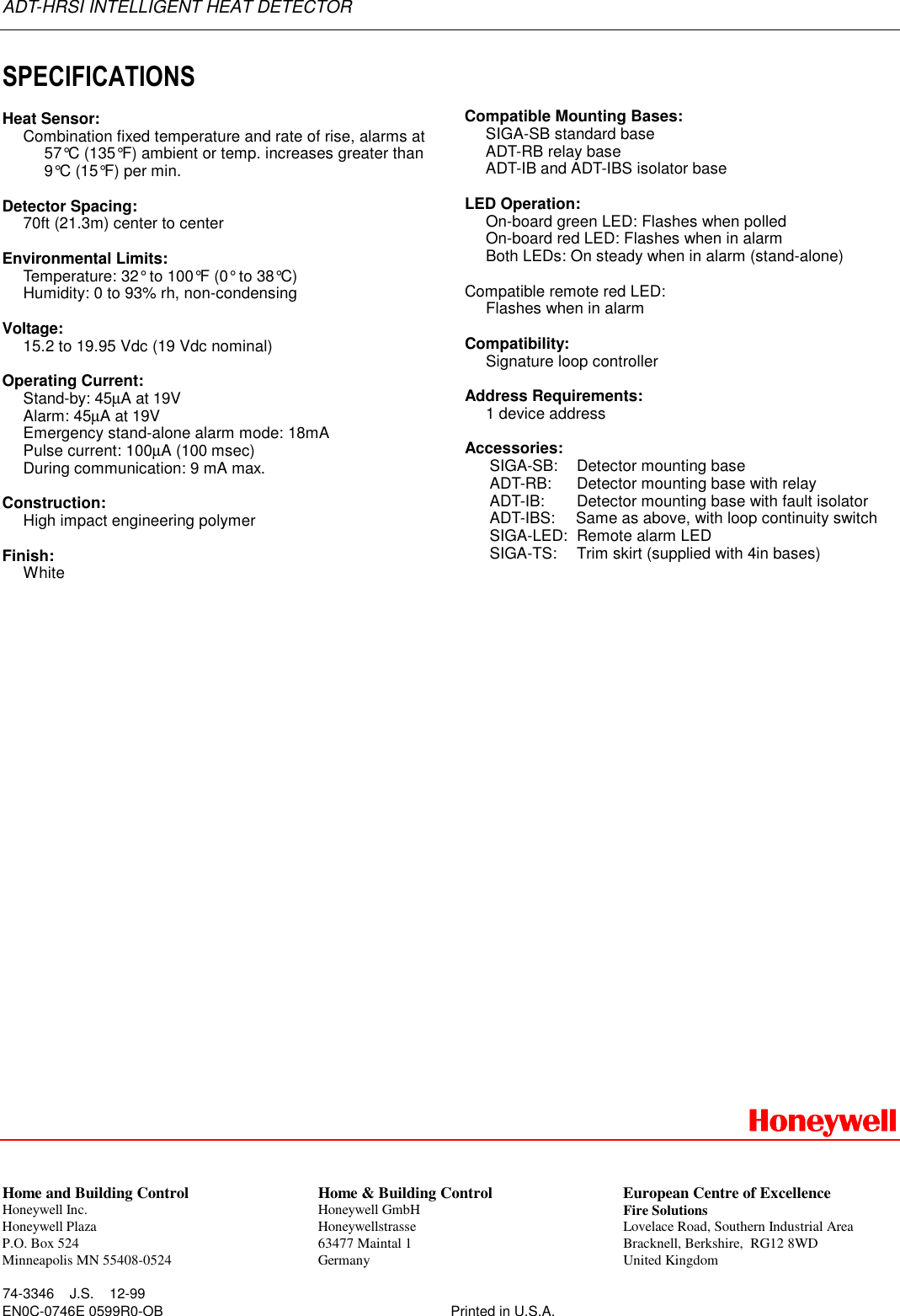 Page 4 of 4 - Honeywell Honeywell-Excel-Adt-Hrsi-Users-Manual- 74-3346 - ADT-HRSI Intelligent Heat Detector  Honeywell-excel-adt-hrsi-users-manual