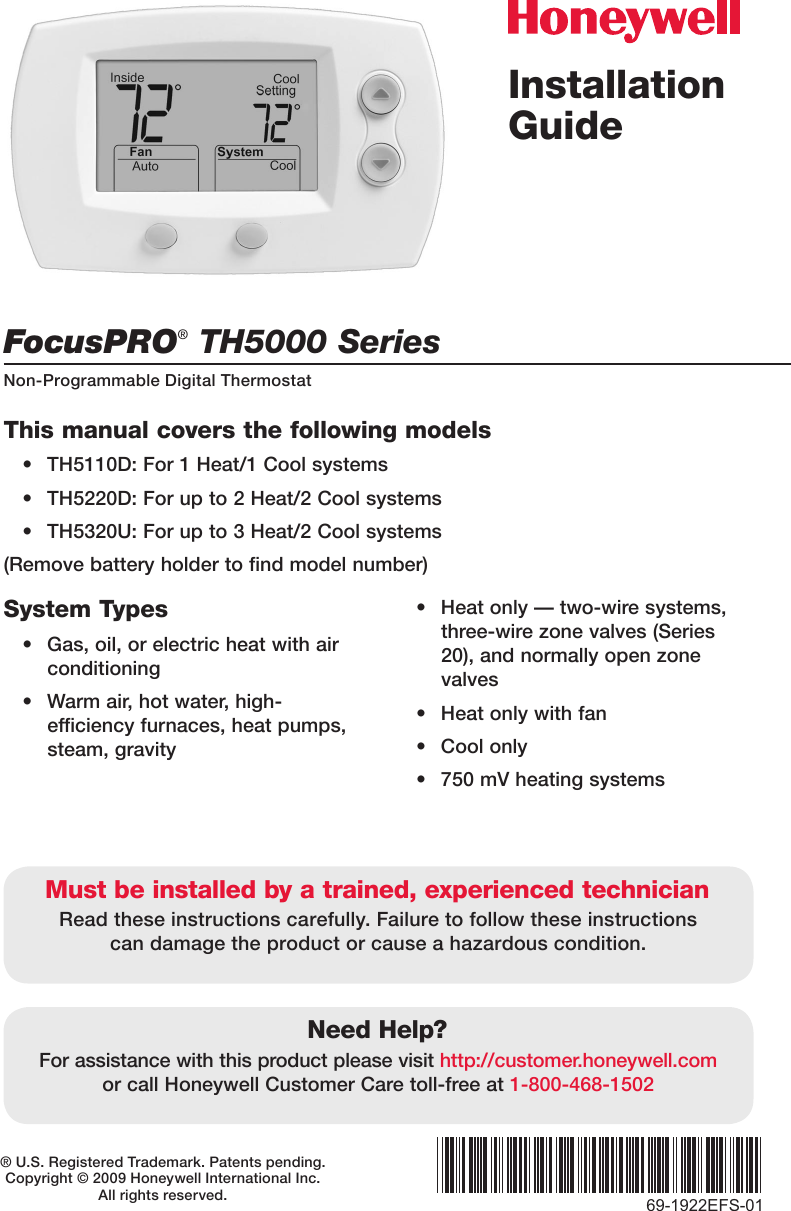 Honeywell Focuspro Th5000 Series Installation Manual 69 1922EFS 01