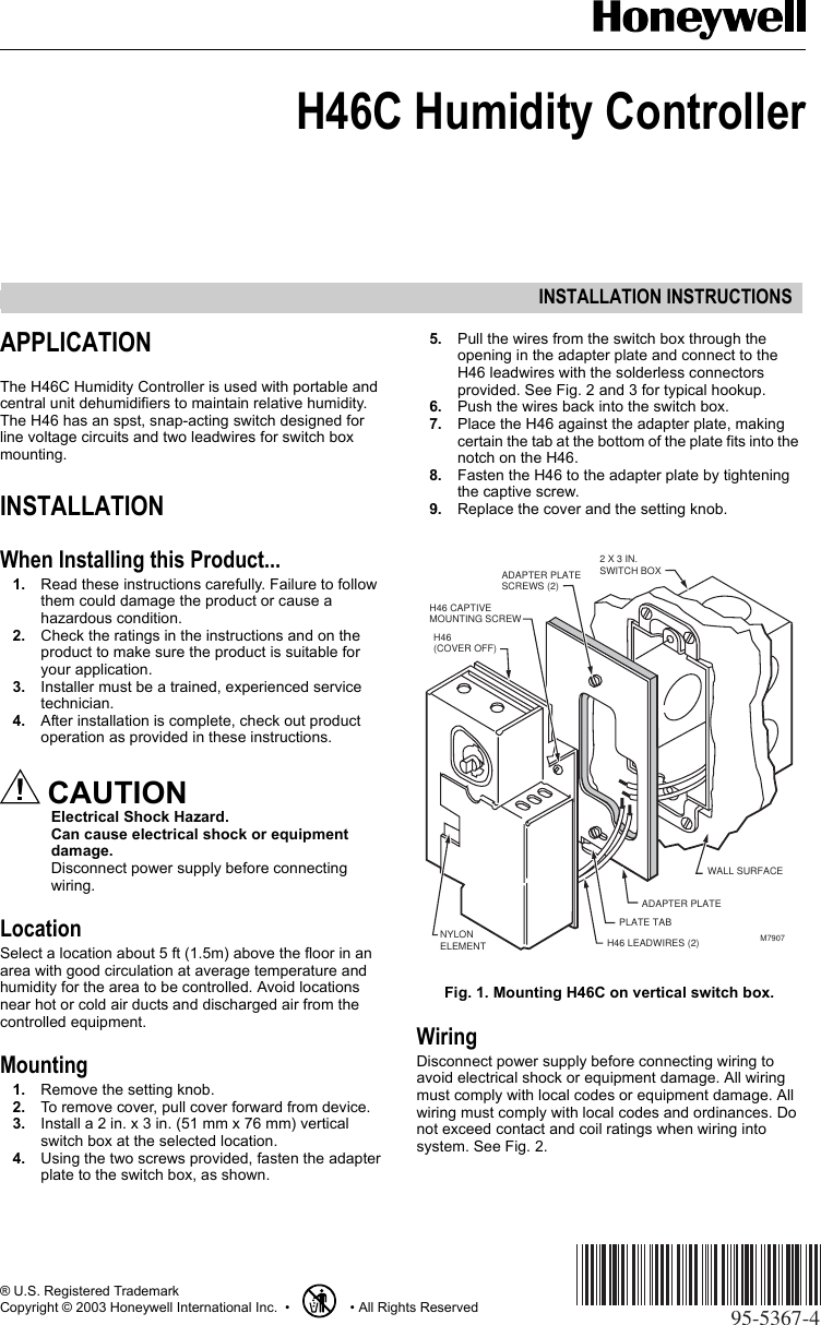 Page 1 of 4 - Honeywell Honeywell-H46C-Users-Manual- 95-5367 - H46C Humidity Controller  Honeywell-h46c-users-manual