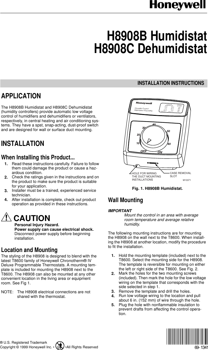 Page 1 of 4 - Honeywell Honeywell-H8908B-Humidistat-Users-Manual- 69-1341 - H8908B Humidistat H8908C Dehumidistat  Honeywell-h8908b-humidistat-users-manual