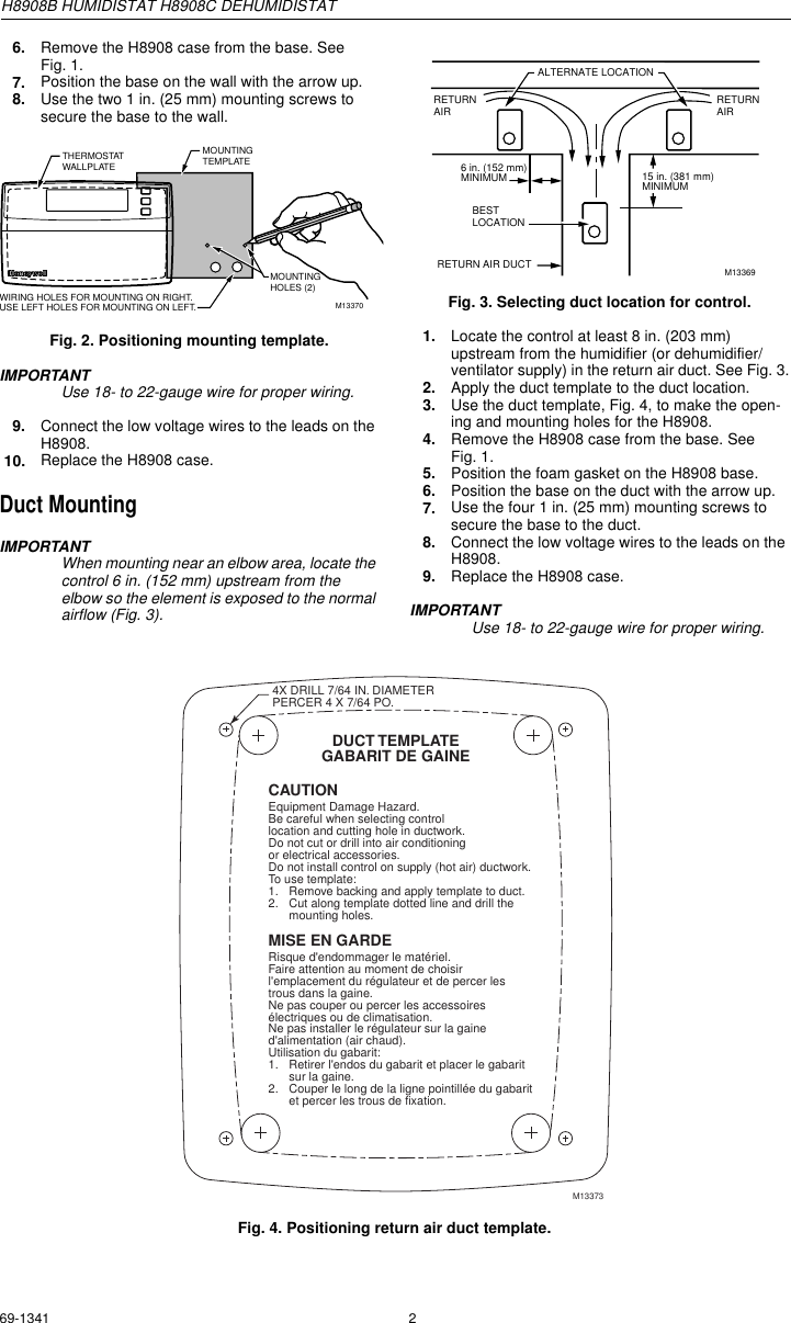 Page 2 of 4 - Honeywell Honeywell-H8908B-Humidistat-Users-Manual- 69-1341 - H8908B Humidistat H8908C Dehumidistat  Honeywell-h8908b-humidistat-users-manual