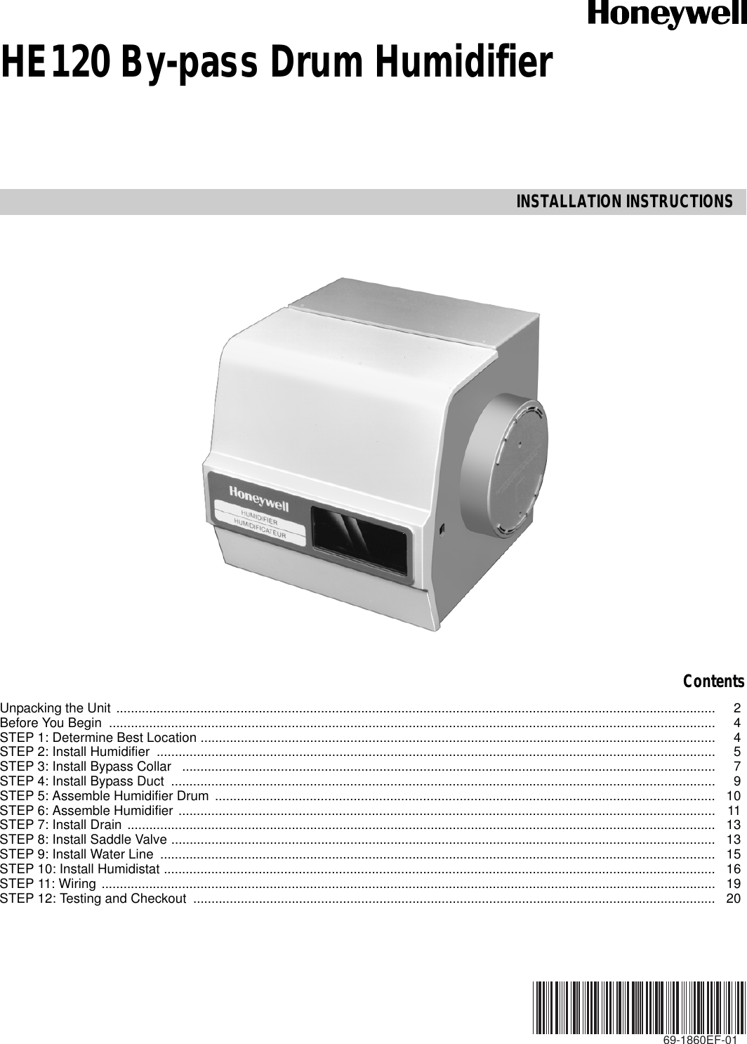Honeywell He120 Owner S Manual 69 1860E 01 Bypass Drum Humidifier