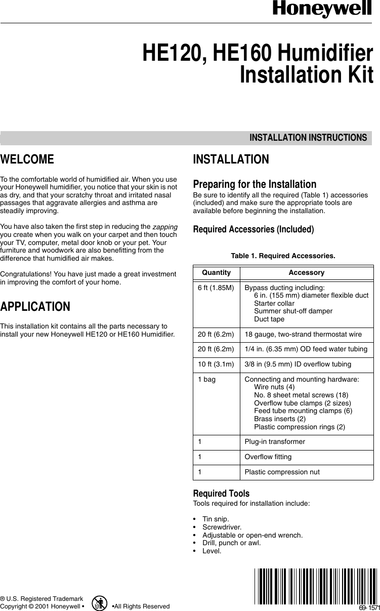 Page 1 of 8 - Honeywell Honeywell-He160-Users-Manual- 69-1571 - HE120, HE160 Humidifier Installation Kit  Honeywell-he160-users-manual