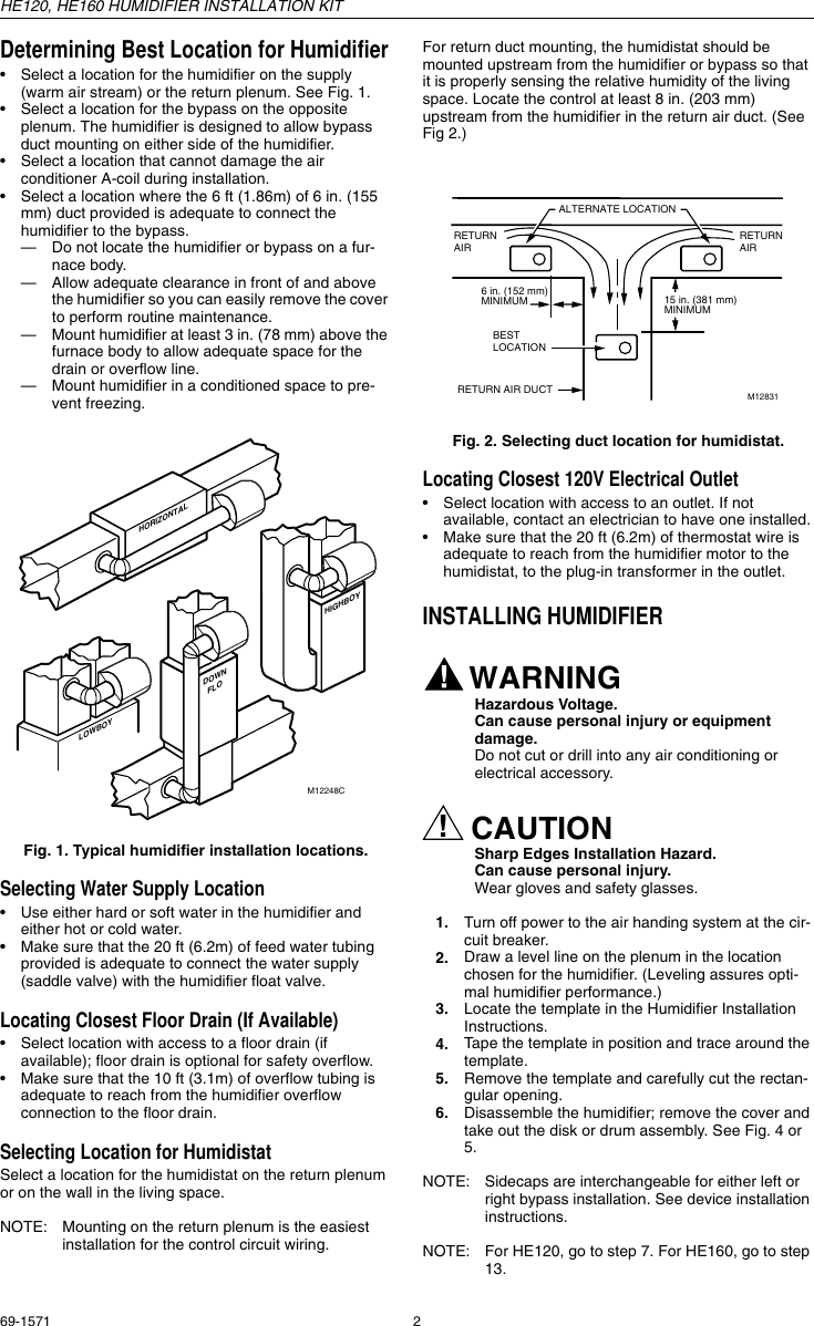 Page 2 of 8 - Honeywell Honeywell-He160-Users-Manual- 69-1571 - HE120, HE160 Humidifier Installation Kit  Honeywell-he160-users-manual