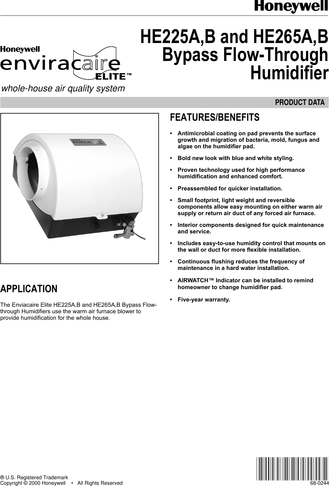 Honeywell He225A Users Manual 68 0244 HE225A,B And HE265A,BBypass Flow