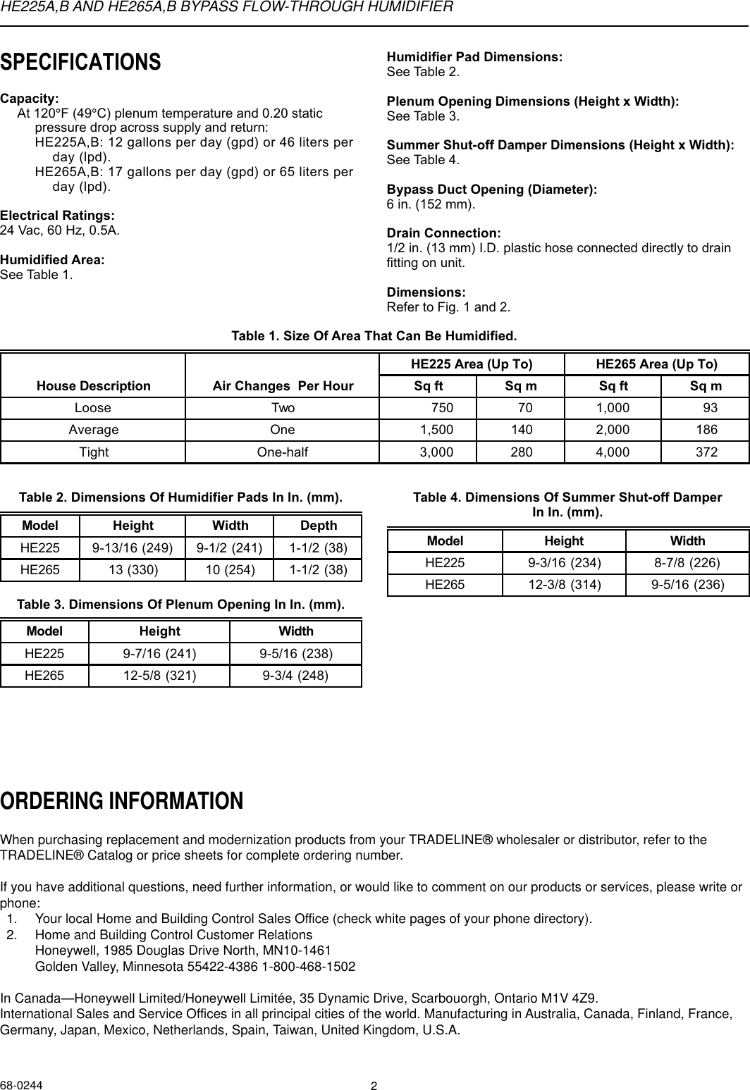 Page 2 of 12 - Honeywell Honeywell-He225A-Users-Manual- 68-0244 - HE225A,B And HE265A,B|Bypass Flow-Through|Humidifier  Honeywell-he225a-users-manual