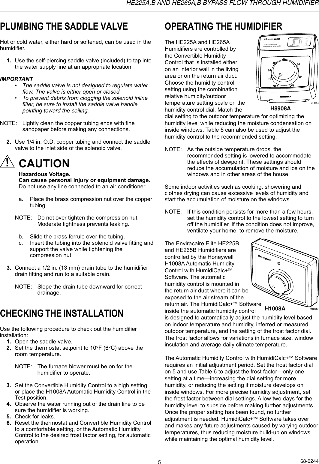 Page 5 of 12 - Honeywell Honeywell-He225A-Users-Manual- 68-0244 - HE225A,B And HE265A,B|Bypass Flow-Through|Humidifier  Honeywell-he225a-users-manual