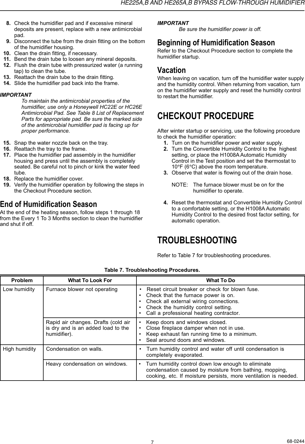 Page 7 of 12 - Honeywell Honeywell-He225A-Users-Manual- 68-0244 - HE225A,B And HE265A,B|Bypass Flow-Through|Humidifier  Honeywell-he225a-users-manual