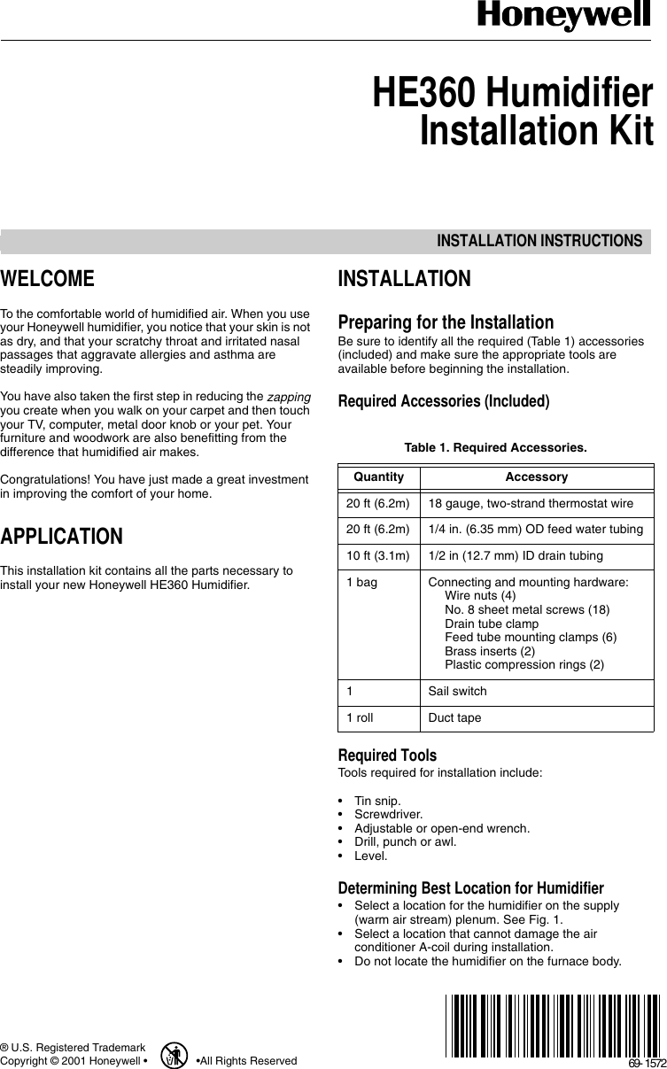 Page 1 of 8 - Honeywell Honeywell-He360-Installation-Information- 69-1572 - HE360 Humidifier Installation Kit  Honeywell-he360-installation-information