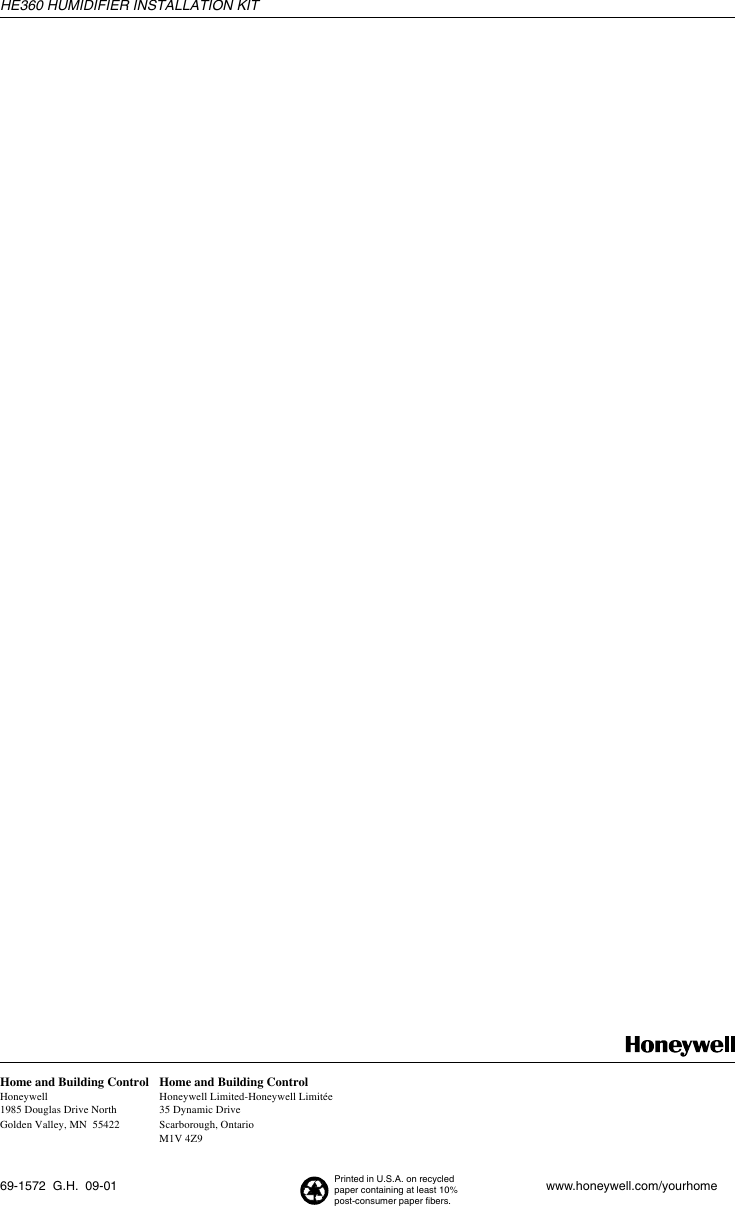 Page 8 of 8 - Honeywell Honeywell-He360-Installation-Information- 69-1572 - HE360 Humidifier Installation Kit  Honeywell-he360-installation-information