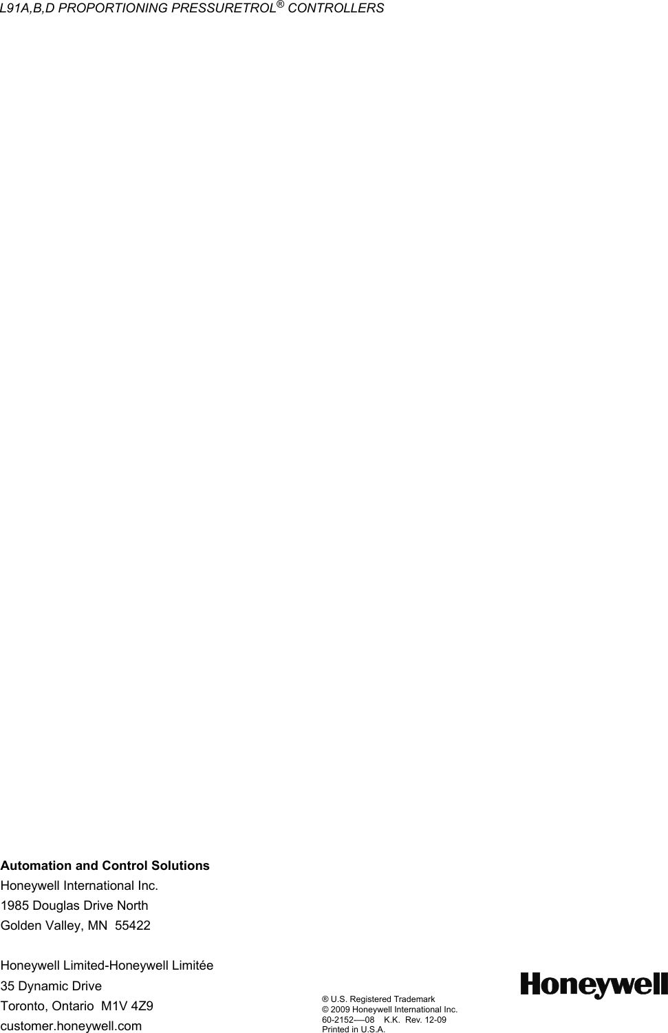 Page 12 of 12 - Honeywell Honeywell-Honeywell-Boiler-L91B-Users-Manual- 60-2152_B  Honeywell-honeywell-boiler-l91b-users-manual