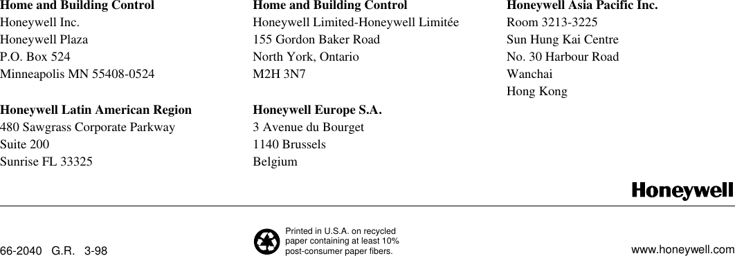 Page 8 of 8 - Honeywell Honeywell-Honeywell-Burner-Ec7820A-Users-Manual- 66-2040 - 7800 Series EC7810A, EC7820A Relay Modules  Honeywell-honeywell-burner-ec7820a-users-manual