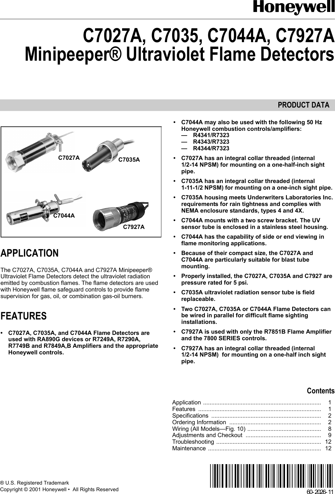 Page 1 of 12 - Honeywell Honeywell-Honeywell-Carbon-Monoxide-Alarm-C7035-Users-Manual- C7027A, C7035, C7044A, C7927A MINIPEEPER ULTRAVIOLET FLAME DETECTORS  Honeywell-honeywell-carbon-monoxide-alarm-c7035-users-manual