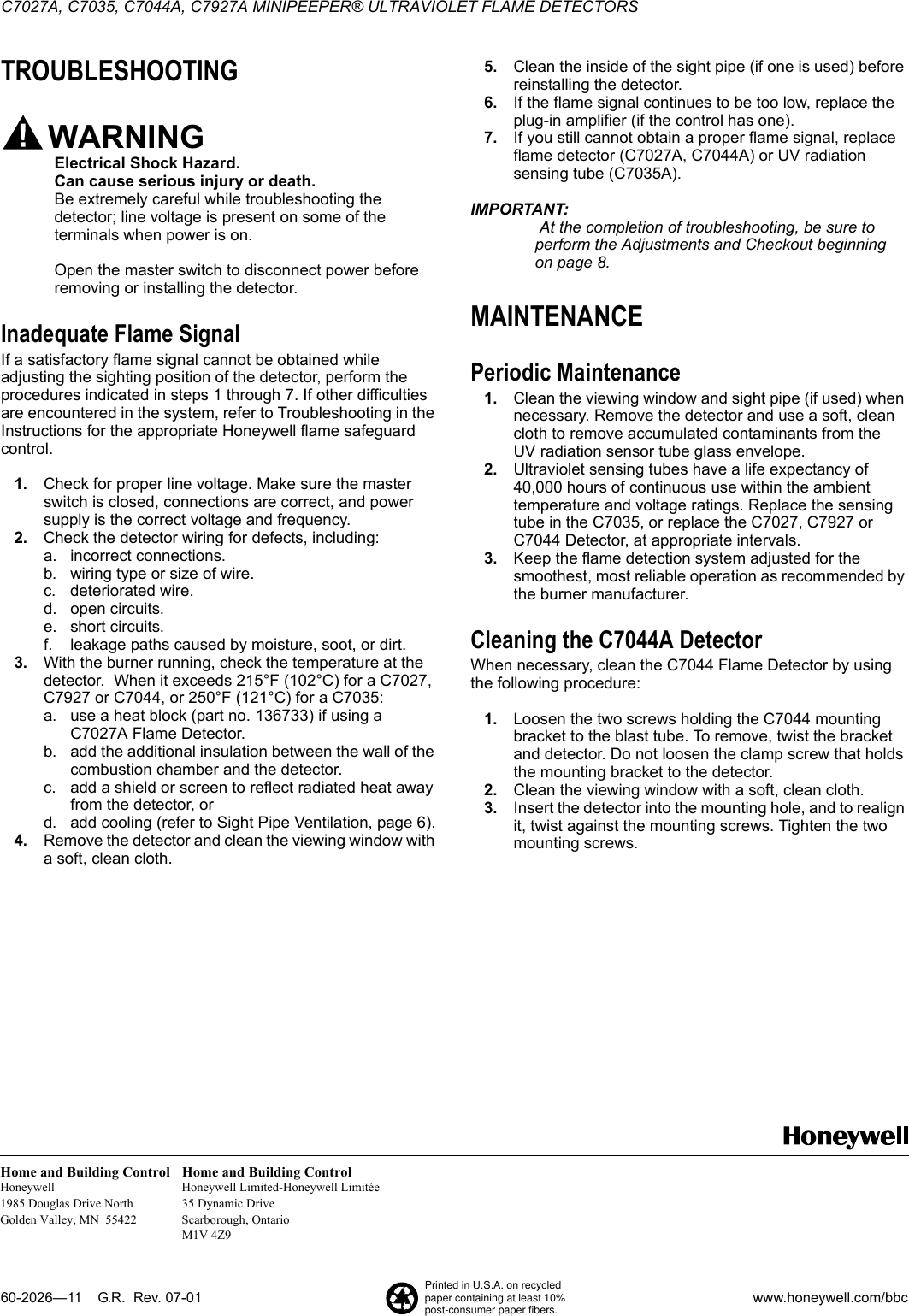 Page 12 of 12 - Honeywell Honeywell-Honeywell-Carbon-Monoxide-Alarm-C7035-Users-Manual- C7027A, C7035, C7044A, C7927A MINIPEEPER ULTRAVIOLET FLAME DETECTORS  Honeywell-honeywell-carbon-monoxide-alarm-c7035-users-manual